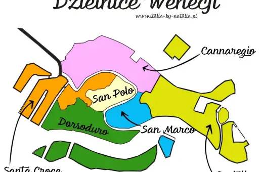 Mapa Wenecji z zaznaczonymi dzielnicami: Cannaregio, Castello, Dorsoduro, San Marco, San Polo, Santa Croce. Idealna do planowania 4-dniowej wycieczki do Wenecji.