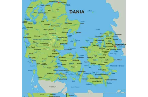 Mapa Danii z zaznaczoną Kopenhagą. Gdzie jest Kopenhaga? Na wschodnim wybrzeżu, na wyspie Zelandia.