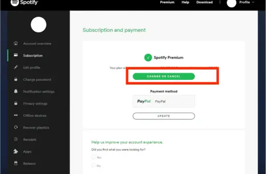 Ekran Spotify z opcją "Zmień lub anuluj" dla Spotify Premium. Kliknij, aby dowiedzieć się, jak zrezygnować ze Spotify Premium.