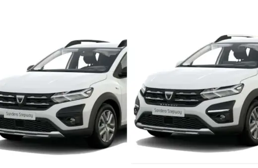 Dwa białe samochody Dacia Sandero Stepway stoją obok siebie, gotowe na przygodę.
