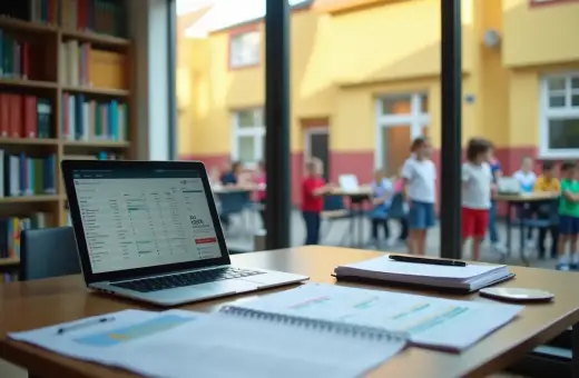 Laptop z danymi finansowymi na biurku, w tle plac zabaw z dziećmi. Zastanawiasz się, ile zarabia pomoc nauczyciela w przedszkolu?