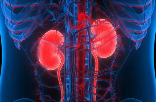 Anatomia nerek z naczyniami krwionośnymi. Zdjęcie ilustruje układ moczowy, który filtruje krew, usuwając toksyny mocznicowe.