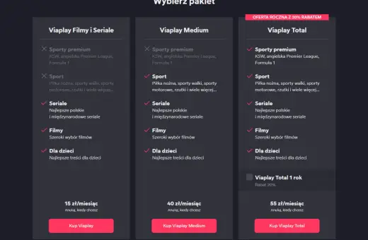 Porównanie pakietów Viaplay: Filmy i Seriale, Medium, Total. Sprawdź, która viaplay cena jest dla Ciebie najlepsza.