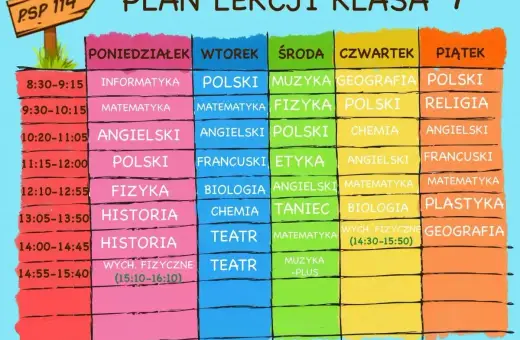 Plan lekcji klasy 7: informatyka, matematyka, angielski, polski, fizyka, historia, wychowanie fizyczne, muzyka, religia, geografia, plastyka, etyka, taniec, chemia, biologia, francuski.