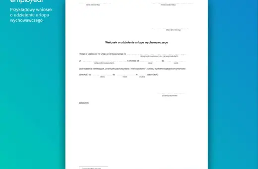 Wniosek o urlop wychowawczy. Dokument zawiera pola do wypełnienia dotyczące daty urodzenia dziecka, okresu urlopu oraz informacji o korzystaniu z urlopu wychowawczego, a nie urlopu wypoczynkowego.