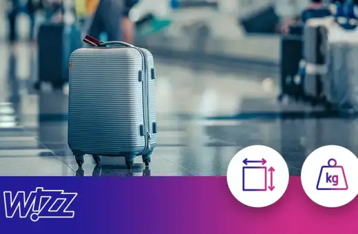 Szary wizzair bagaż podręczny na lotnisku. Ikony wskazują wymiary i wagę.
