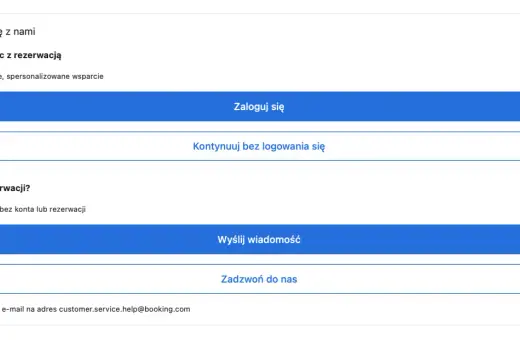 Formularz kontaktowy Booking.com. Możesz zalogować się, kontynuować bez logowania lub wysłać wiadomość, jeśli masz problem z rezerwacją lub reklamacją.