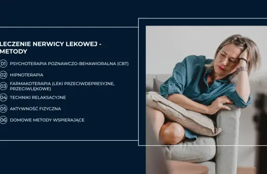 Kobieta siedzi na kanapie, zamyślona. Obok lista metod, jak leczyć nerwicę: psychoterapia, hipnoterapia, farmakoterapia, relaksacja, aktywność fizyczna, metody domowe.