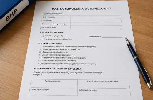 Karta szkolenia wstępnego BHP z polami do wypełnienia przez pracownika i prowadzącego. Dokument zawiera sekcje dotyczące danych pracownika, rodzaju szkolenia, zakresu tematycznego oraz potwierdzenia odbycia.