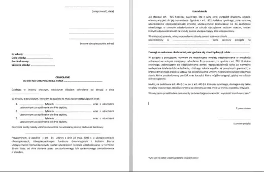 Wzór odwołania od decyzji ubezpieczyciela, gdy nie zgadzasz się z nią i chcesz uzyskać odszkodowanie.