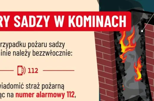 Ogień trawi komin, gdzie tli się sadza. W razie pożaru zadzwoń pod numer 112, by zawiadomić straż pożarną.