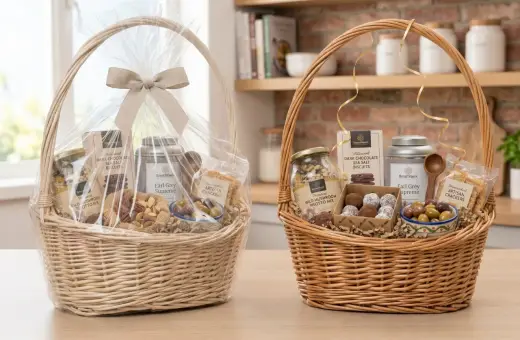 Dwa kosze prezentowe z przysmakami: ciasteczka, risotto, orzechy, oliwki. Zobacz, jak zrobić kosz prezentowy!
