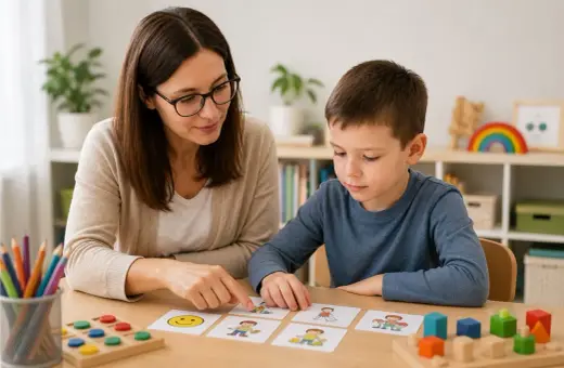 Nauczycielka prowadzi zajęcia rewalidacyjne w przedszkolu, ćwicząc z chłopcem rozpoznawanie emocji i postaci na kartach.