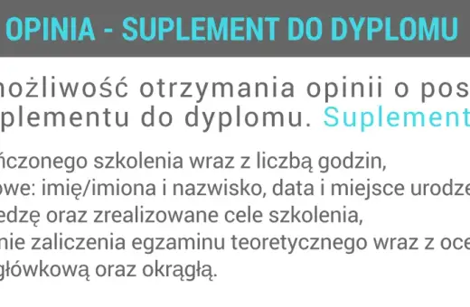 Opinia - suplement do dyplomu zawiera dane szkolenia, osobowe, wiedzę, ocenę egzaminu i pieczęcie.