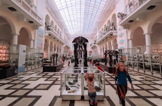 Dzieci zwiedzają muzeum dla dzieci, podziwiając szkielety prehistorycznych zwierząt i wystawy w gablotach.