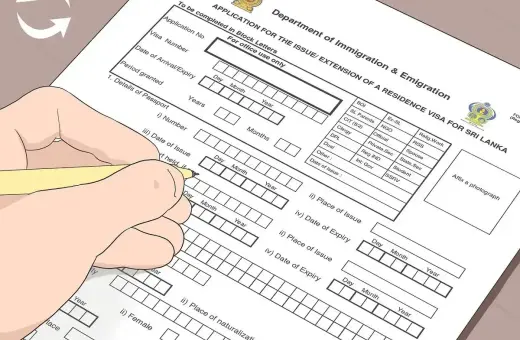 Wypełnianie wniosku o wizę do Sri Lanki. Ręka z żółtym pisakiem uzupełnia formularz "APPLICATION FOR THE ISSUE/EXTENSION OF A RESIDENCE VISA FOR SRI LANKA".