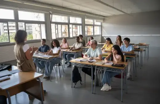 Nauczycielka prowadzi lekcję wychowania do życia w rodzinie. Uczniowie uważnie słuchają, siedząc w ławkach.