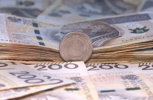 Stos banknotów 200 zł i 100 zł, z monetą 1 zł na wierzchu. Symbolizuje to wynagrodzenie młodocianych, które może być niewielkie na początku kariery.