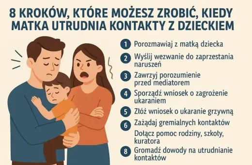 Ilustracja przedstawia rodzinę w konflikcie, symbolizującą alienację rodzicielską. Ojciec tuli smutne dziecko, podczas gdy matka krzyczy. Obok lista 8 kroków, jak radzić sobie z utrudnianiem kontaktów.