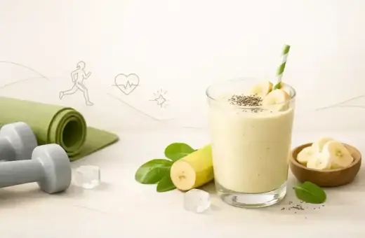 Pyszny koktajl bananowy z nasionami chia, idealny po treningu. Obok leżą hantle i mata do ćwiczeń.