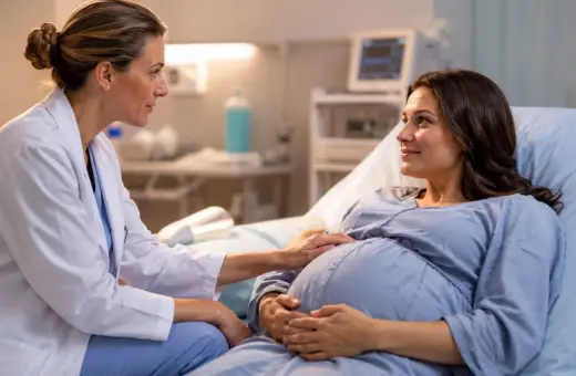 Lekarka z troską dotyka brzucha ciężarnej pacjentki, która leży w szpitalnym łóżku. Rozwarcie do porodu postępuje, a przyszła mama uśmiecha się do lekarki.