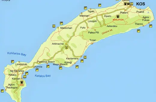 Mapa turystyczna greckiej wyspy Kos z zaznaczonymi miejscowościami, plażami i górami.