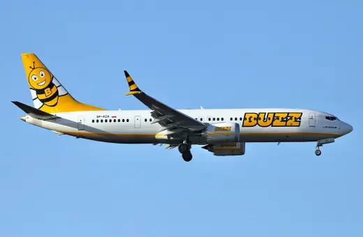 Samolot Buzz, należący do Ryanair, z wesołą pszczółką na ogonie, gotowy do lotu. Idealny na wakacje z bagażem!