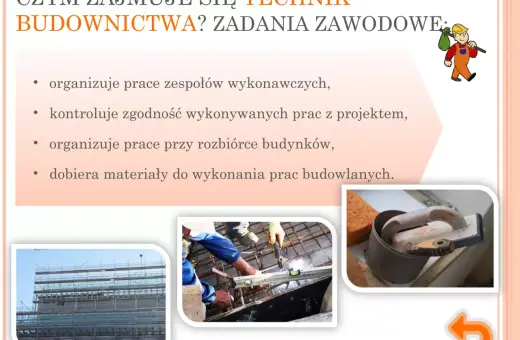 Technik budownictwa organizuje prace, kontroluje zgodność z projektem i dobiera materiały. Na zdjęciach budowa, spawanie i narzędzia.