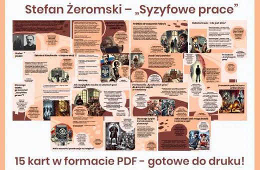 Stefan Żeromski – „Syzyfowe prace" – streszczenie. Grafika przedstawia kluczowe elementy powieści, od postaci po motywy i przesłanie.