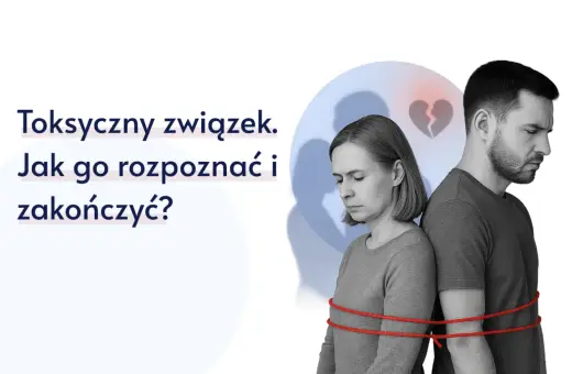 Para zgarbiona, związana sznurkiem, z pękniętym sercem w tle. Obraz symbolizuje toksyczny związek i trudności w jego zakończeniu.