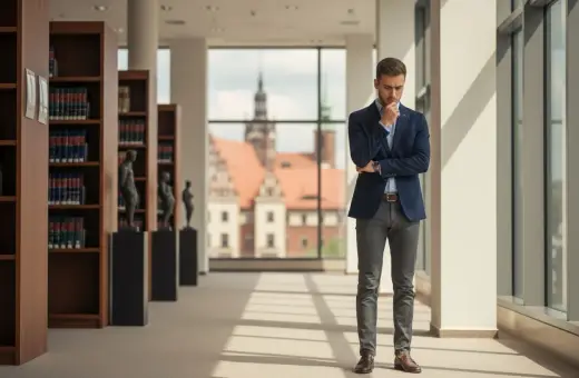 Młody prawnik w eleganckim garniturze zastanawia się, ile trwają studia prawnicze, stojąc w bibliotece z widokiem na zabytkowe budynki.