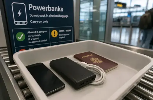 Na tacy do kontroli bezpieczeństwa leżą telefon, powerbank i paszport. Tablica informuje o limicie powerbanków Ryanair.