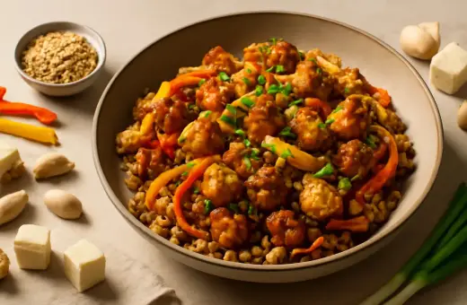 Miseczka z daniem z kuleczek w sosie, warzywami i kaszą. Czy tofu ma gluten? Nie, czyste tofu jest bezglutenowe.