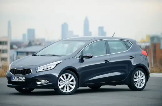 Szary Kia Ceed 1.6 GDI, zgrabny hatchback na tle miasta. Czy są jakieś wady?