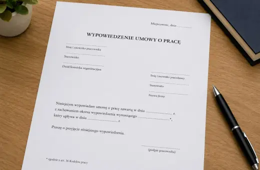 Dokument "Wypowiedzenie umowy o pracę" na biurku, gotowy do złożenia.