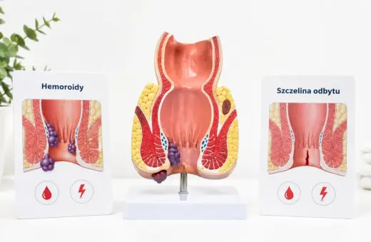 Model anatomiczny odbytu z zaznaczonymi hemoroidami. Choć obrazek dotyczy dorosłych, problem hemoroidów u dzieci również istnieje.