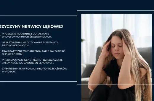 Dziewczyna z rękami na skroniach, wyrażająca niepokój. Obok lista przyczyn nerwicy lękowej: problemy rodzinne, uzależnienia, traumy, genetyka, zaburzenia neuroprzekaźników.