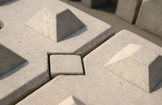 Betonowe pustaki zalewowe z wypustkami i wgłębieniami, tworzące stabilną, geometryczną powierzchnię.
