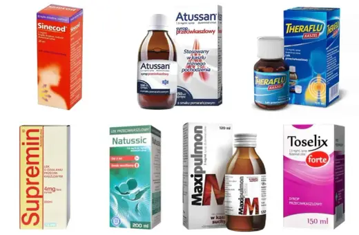 Szukasz co na suchy kaszel u dziecka? Na zdjęciu syropy: Sinecod, Atussan, Theraflu, Supremin, Natussic, Maxipulmon, Toselix.
