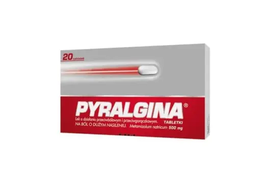 Opakowanie Pyralginy 20 tabletek na silny ból i gorączkę.