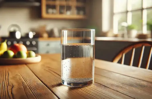 Szklanka wody na drewnianym stole. Czy przed badaniem krwi można pić wodę? Tak, zazwyczaj można pić wodę.