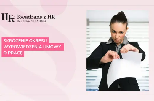 Kobieta w garniturze rozdziera dokument. Temat: skrócenie okresu wypowiedzenia umowy o pracę.