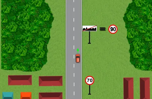 Znak końca obszaru zabudowanego oznacza, że odwołuje ograniczenie prędkości. Teraz można jechać 90 km/h.