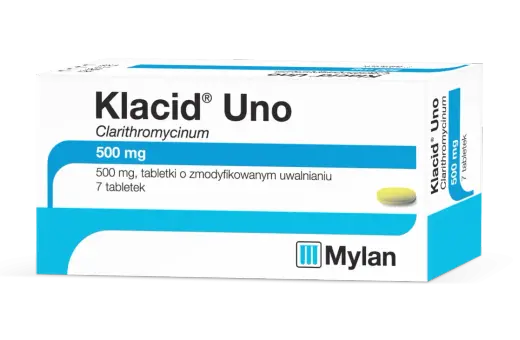 Opakowanie leku Klacid Uno 500 mg z jedną tabletką. Klacid to antybiotyk.