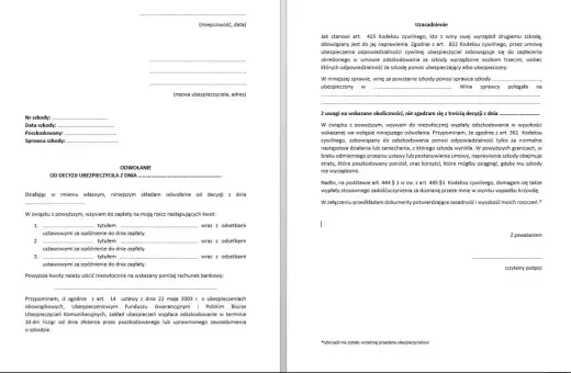 Formularz odwołania od decyzji ubezpieczyciela. Beneficjent domaga się wypłaty odszkodowania i zadośćuczynienia.