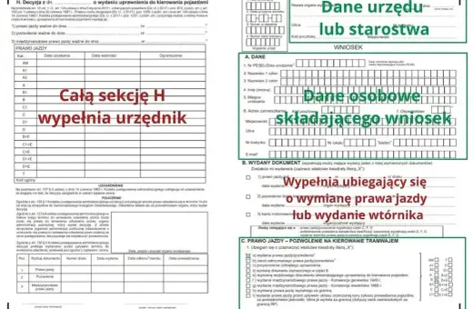 Formularz wniosku o wydanie prawa jazdy lub pozwolenia, gdzie dane urzędu i dane osobowe składającego wniosek są kluczowe. Sekcja H wypełniana przez urzędnika dotyczy daty wydania uprawnienia.