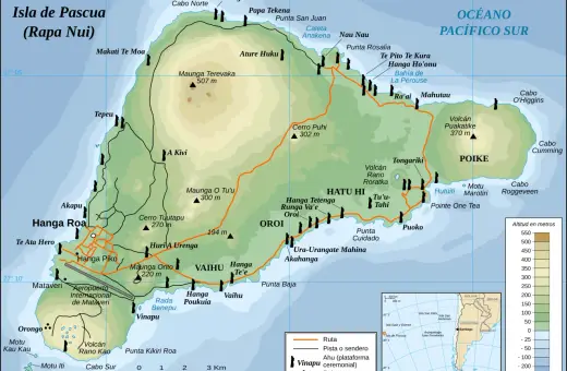 Mapa turystyczna wyspy z Wielkanocną, pokazująca szlaki, ruiny i punkty widokowe.
