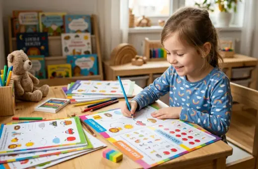 Uśmiechnięta dziewczynka rysuje kredką, otoczona materiałami do nauki. To świetna pomoc w przedszkolu, która rozwija kreatywność i umiejętności.