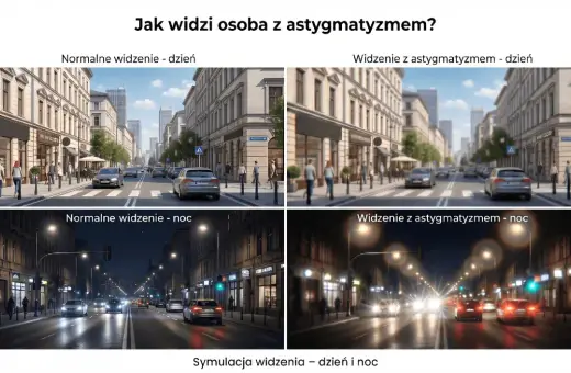 Symulacja widzenia ulicy w dzień i w nocy, pokazująca, jak rozmyte i zniekształcone są światła, gdy widzi osoba z astygmatyzmem.