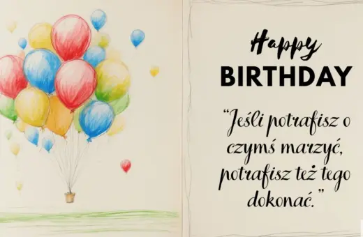Balony unoszą się w powietrzu, towarzysząc życzeniom "Happy Birthday". Cytaty na urodziny przypominają, że marzenia się spełniają.